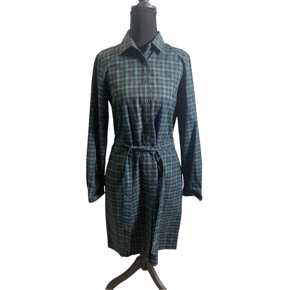 Brooks Brothers Cotton Plaid Button Down Tie Shirt Dress Size 4 Black Green